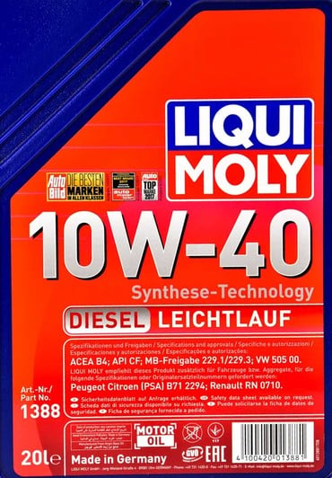 Моторна олива Liqui Moly Diesel Leichtlauf 10W-40 20 л на Skoda Roomster
