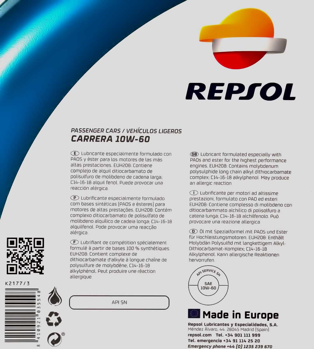 Моторное масло Repsol Carrera 10W-60 4 л на Volkswagen CC
