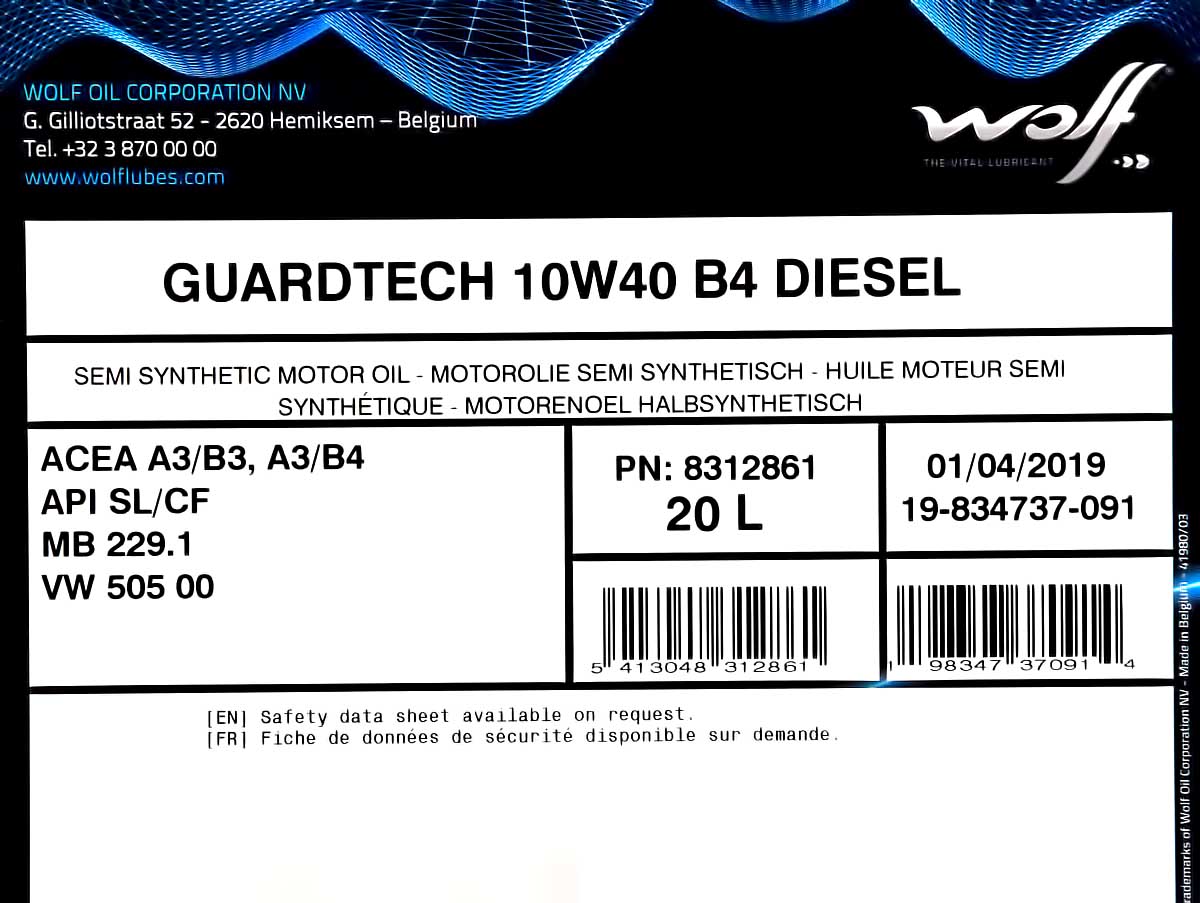 Моторное масло Wolf Guardtech B4 Diesel 10W-40 20 л на Peugeot 107