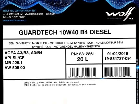 Моторное масло Wolf Guardtech B4 Diesel 10W-40 20 л на Nissan Kubistar