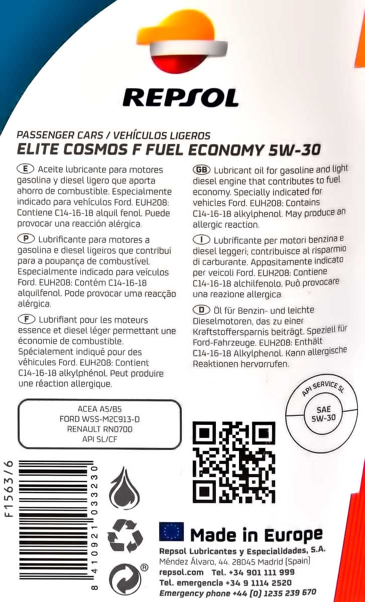 Моторное масло Repsol Elite Cosmos F Fuel Economy 5W-30 для Toyota Hiace 1 л на Toyota Hiace
