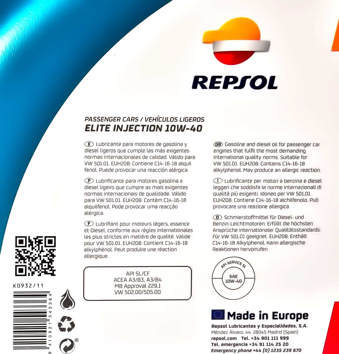 Моторна олива Repsol Elite Injection 10W-40 4 л на Jaguar XJS