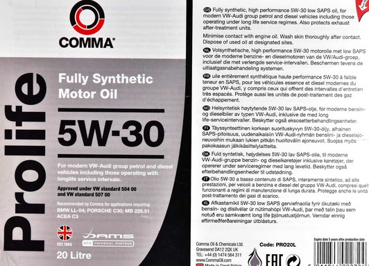 Моторное масло Comma Prolife 5W-30 20 л на Peugeot 305