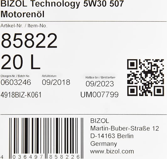 Моторна олива Bizol Technology 507 5W-30 20 л на Fiat Uno