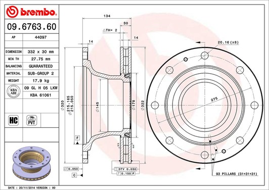 Тормозной диск Brembo 09.6763.60 для Volkswagen Passat