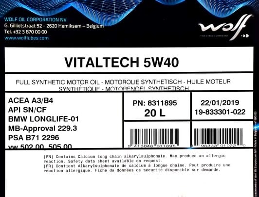 Моторное масло Wolf Vitaltech 5W-40 20 л на Mitsubishi Pajero