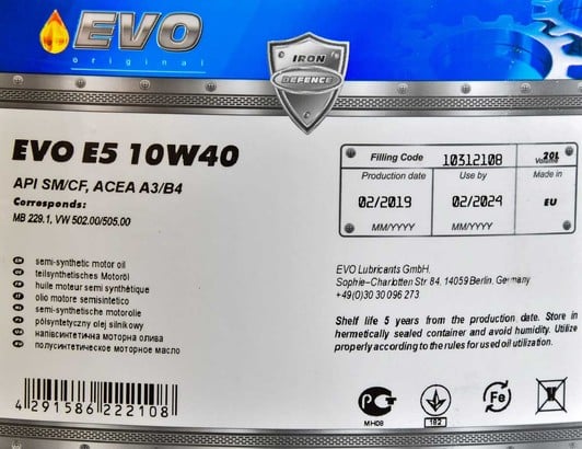 Моторное масло EVO E5 10W-40 20 л на Volvo V40