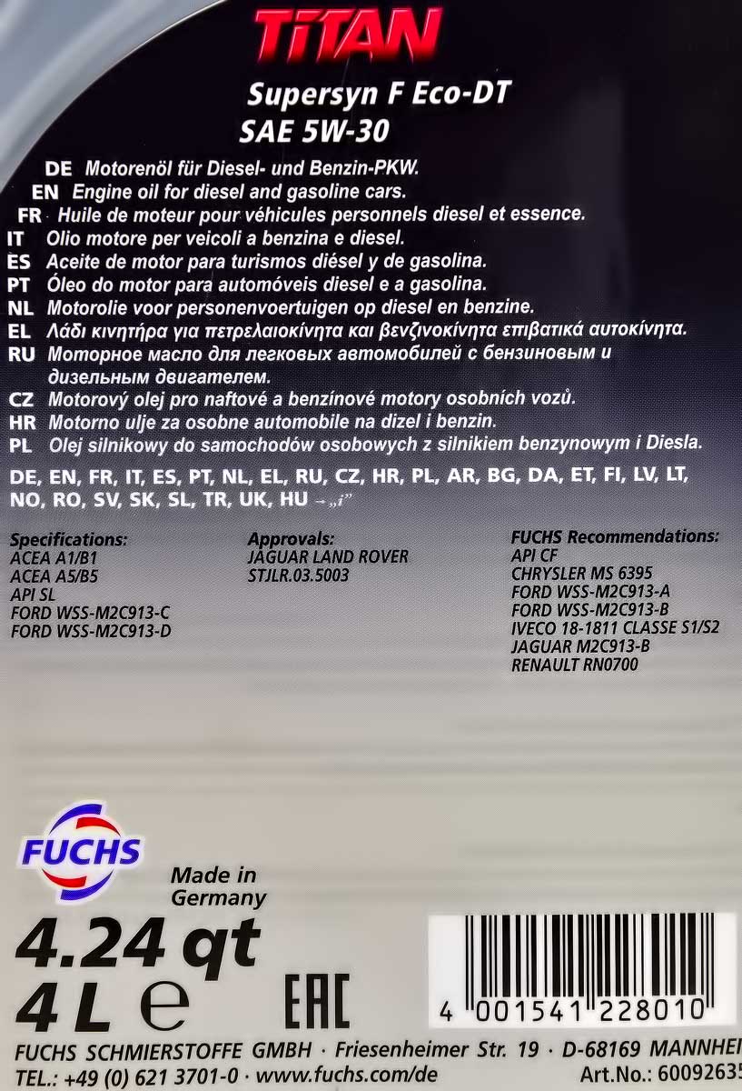 Моторна олива Fuchs Titan Supersyn F-Eco DT 5W-30 для Hyundai i40 4 л на Hyundai i40