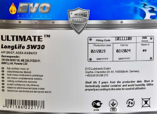 Моторна олива EVO Ultimate LongLife 5W-30 для Mazda MPV 20 л на Mazda MPV