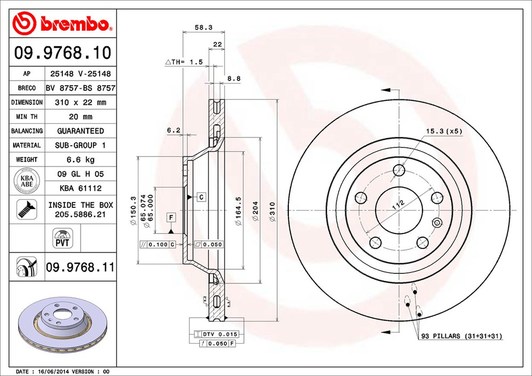 Тормозной диск Brembo 09.9768.11 для Audi TT