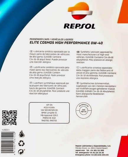 Моторна олива Repsol Elite Cosmos High Performan 0W-40 5 л на Volvo V40