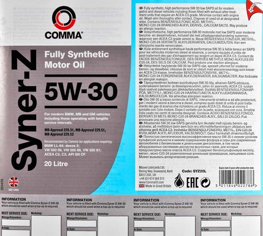 Моторное масло Comma Syner-Z 5W-30 для Citroen DS4 20 л на Citroen DS4