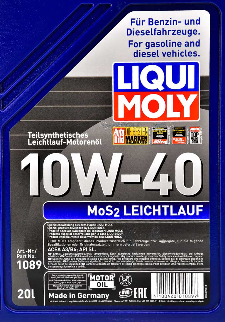 Моторное масло Liqui Moly MoS2 Leichtlauf 10W-40 20 л на Hyundai Tiburon