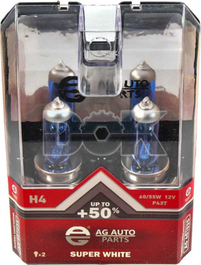 Автолампа AG-Autoparts Super White H4 P43t 55 W 60 W светло-голубая ag40103s