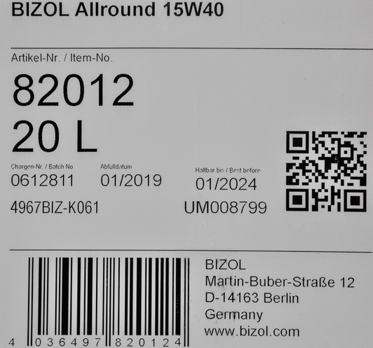 Моторное масло Bizol Allround 15W-40 20 л на Citroen C1