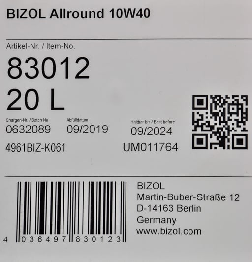Моторна олива Bizol Allround 10W-40 20 л на Peugeot 205