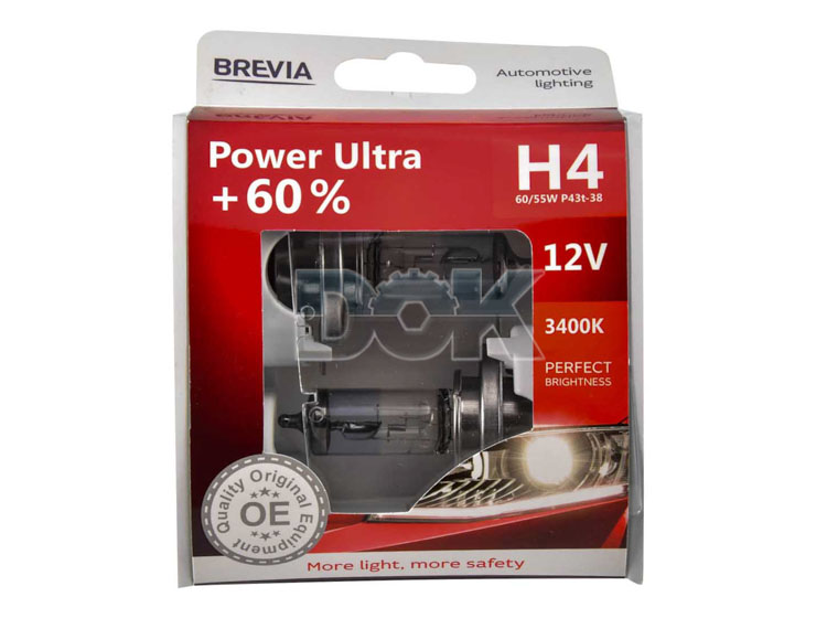 

Автолампа Brevia 12040PUS Power Ultra+60% H4 P43t 55 W 60 W прозрачно-голубая