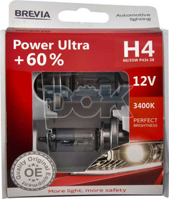 Автолампа Brevia Power Ultra +60% H4 P43t 55 W 60 W прозоро-блакитна 12040PUS