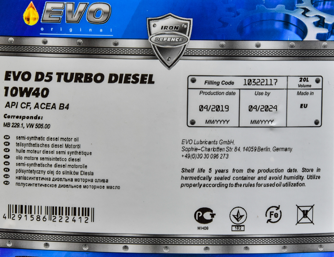 Моторное масло EVO D5 Turbo Diesel 10W-40 20 л на BMW 3 Series