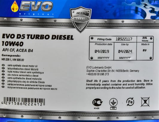 Моторное масло EVO D5 Turbo Diesel 10W-40 20 л на Toyota Sequoia