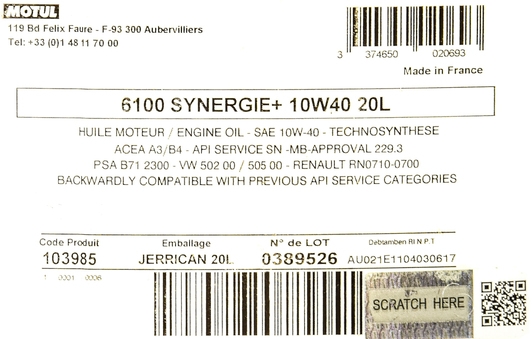 Моторное масло Motul 6100 Synergie+ 10W-40 20 л на Ford Transit