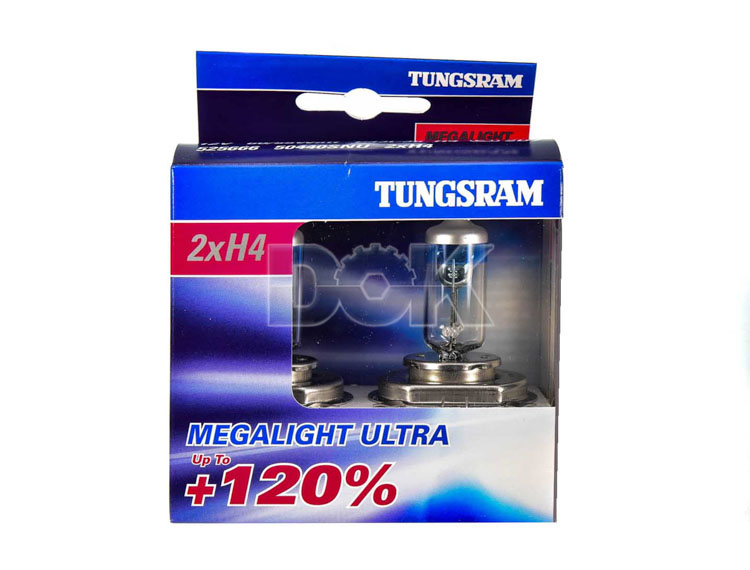 

Автолампы Tungsram 50440snu2d Megalight Ultra +120 H4 P43t-38 55 W 60 W прозрачно-голубая