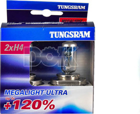 Автолампа Tungsram Megalight Ultra +120 H4 P43t-38 55 W 60 W прозрачно-голубая 50440snu2d