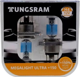 Автолампа Tungsram Megalight Ultra +150 H4 P43t 55 W 60 W прозрачно-голубая 50440NXNU2PL