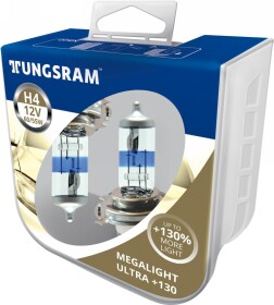 Автолампа Tungsram Megalight Ultra +130 H4 P43t 55 W 60 W прозрачно-голубая 50440XNU2PL