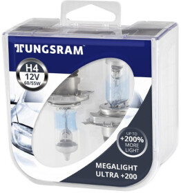 Автолампа Tungsram Megalight Ultra +200 H4 P43t 55 W 60 W прозрачно-голубая TU50440XHU2PL