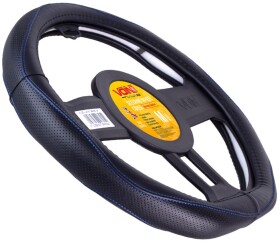 Чохол на кермо Voin VLOD-LF2161 шкіра з перфорацією з 1 швом колір чорний з синьою ниткою