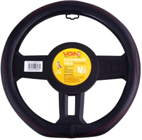 Чохол на кермо Voin VLOD-LF2161 шкіра з перфорацією з 1 швом колір чорний з червоною ниткою