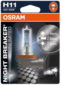 Автолампа Osram Night Breaker Unlimited H11 PGJ19-2 55 W прозрачно-голубая 64211NBU-01B