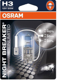 Автолампа Osram Night Breaker Unlimited H3 PK22s 55 W прозрачно-голубая 64151NBU-01B