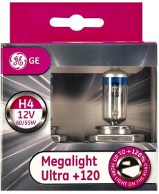 Автолампа General Electric Megalight Ultra +120 H4 P43t 55 W 60 W прозрачно-голубая 50440snu2d