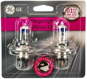 Автолампа General Electric Megalight Ultra +120 H4 P43t 55 W 60 W прозрачно-голубая 50440snu2b