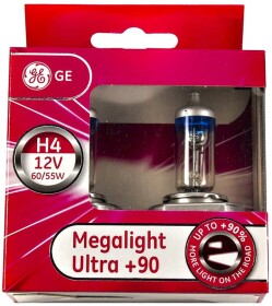 Автолампа General Electric Megalight Ultra +90 H4 P43t 55 W 60 W прозрачно-голубая 50440sxu2d