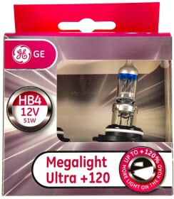 Автолампа General Electric Megalight Ultra +120 HB4 P22d 51 W прозрачно-голубая 53070snu2d