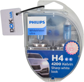Автолампа Philips WhiteVision Ultra H4 P43t-38 55 W 60 W светло-голубая 12342WVUSM