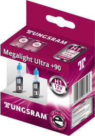 Автолампа Tungsram Megalight Ultra +90 H1 P14,5s 55 W прозоро-блакитна 50310xu2d