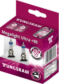 Автолампа Tungsram Megalight Ultra +90 HB4 P22d 51 W прозрачно-голубая 9006SXU