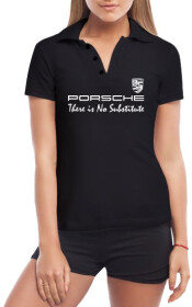 Футболка женская Globuspioner поло Porsche Slogan черная принт спереди