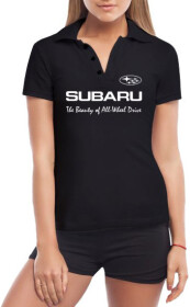 Футболка женская Globuspioner поло Subaru Slogan черная принт спереди