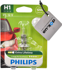 Автолампа Philips LongLife EcoVision H1 P14,5s 55 W прозрачная 12258LLECOB1