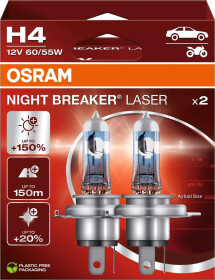 Автолампа Osram Night Breaker Laser H4 P43t 55 W 60 W прозрачно-голубая 64193NL-2HB